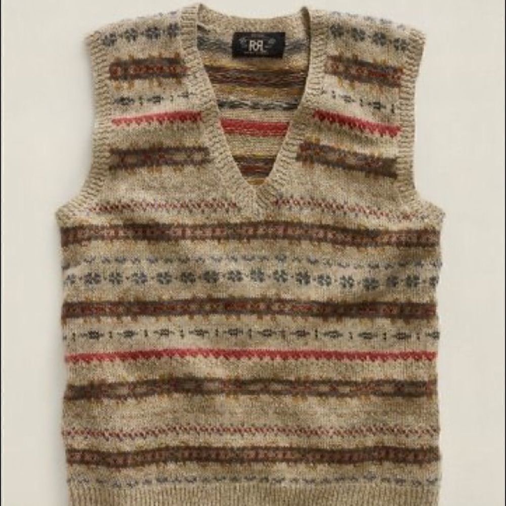 Double RRL Tan Multi Fair-isle V Neck Sweater Vest - Picture 3 of 16